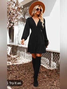 Cupshe Eyes On Me Plunge Button Loop Mini Dress Black Size Small NWT